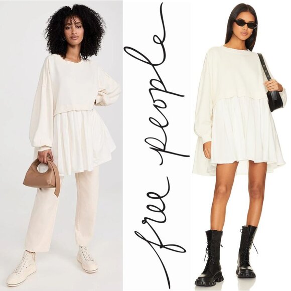 FREE PEOPLE Eleanor Tunic Sweatshirt Mini Dress Size S Oversized Ivory NEW - Picture 1 of 13